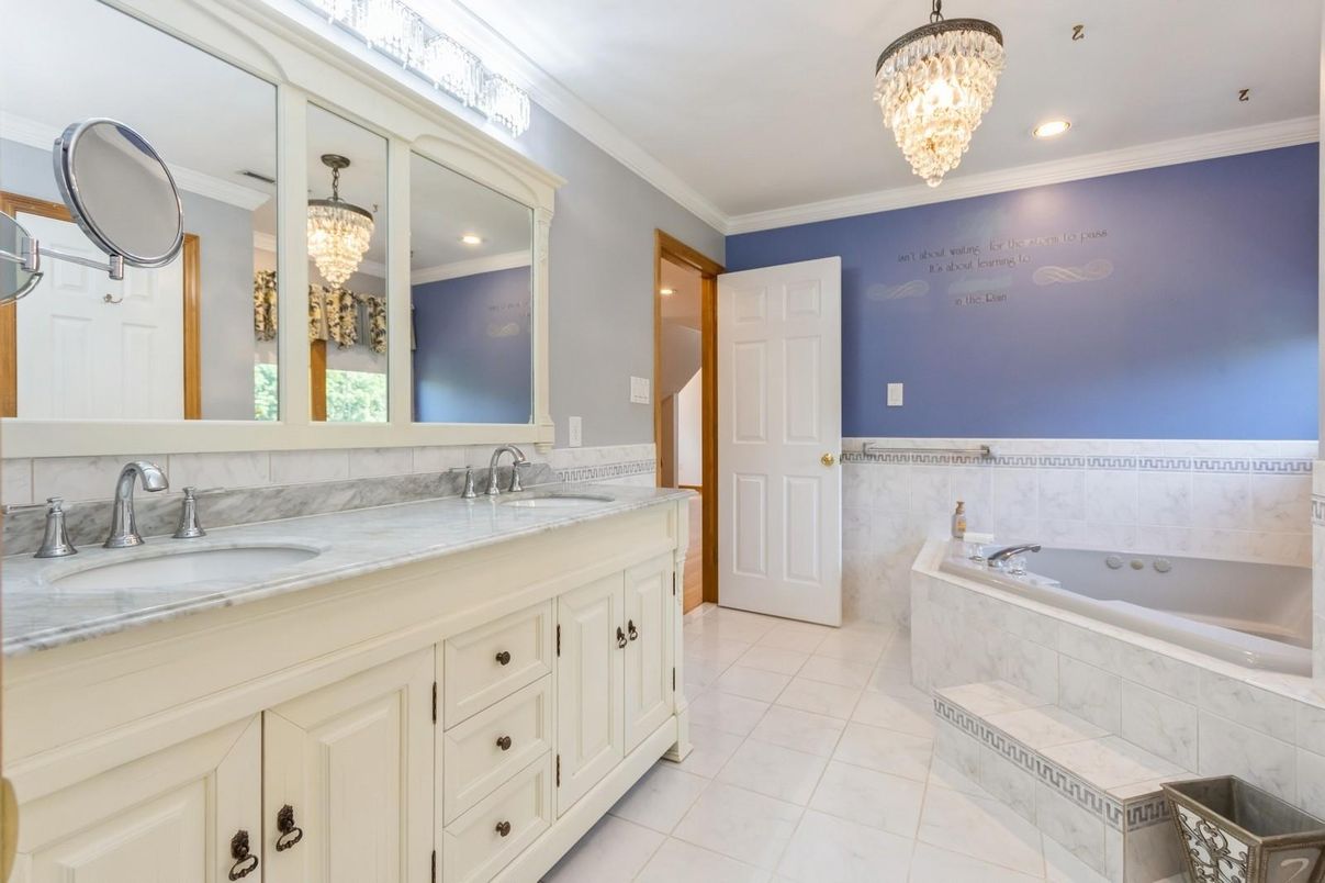 Bathroom, Chandelier, Dual Sink Vanities, Interior, Recessed Lighting