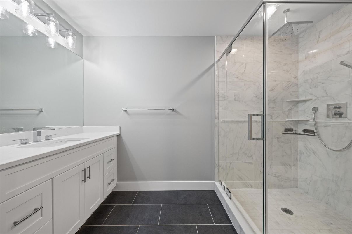 Bathroom, Dual Sink Vanities, Glass Shower, Interior, Marble Walls