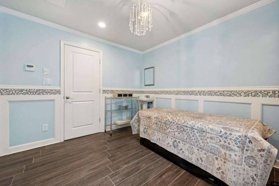 Bedroom, Chandelier, Interior, Recessed Lighting, Wood Texture Flooring