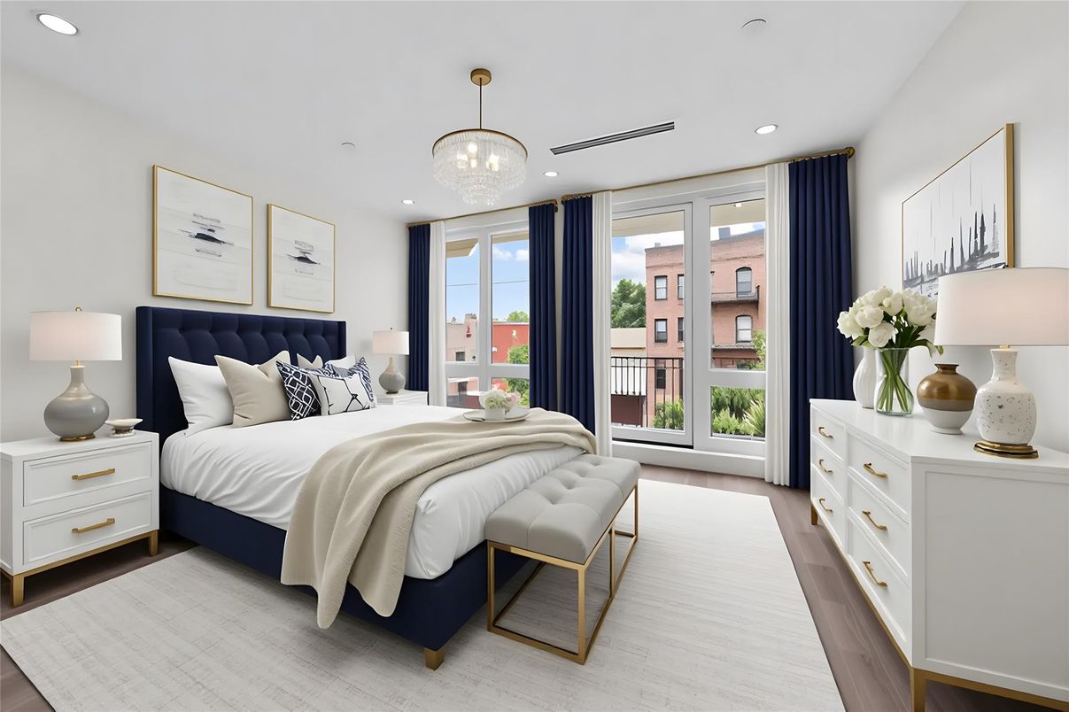 Bedroom, Interior, Pendant Lights, Recessed Lighting, Wood Texture Flooring