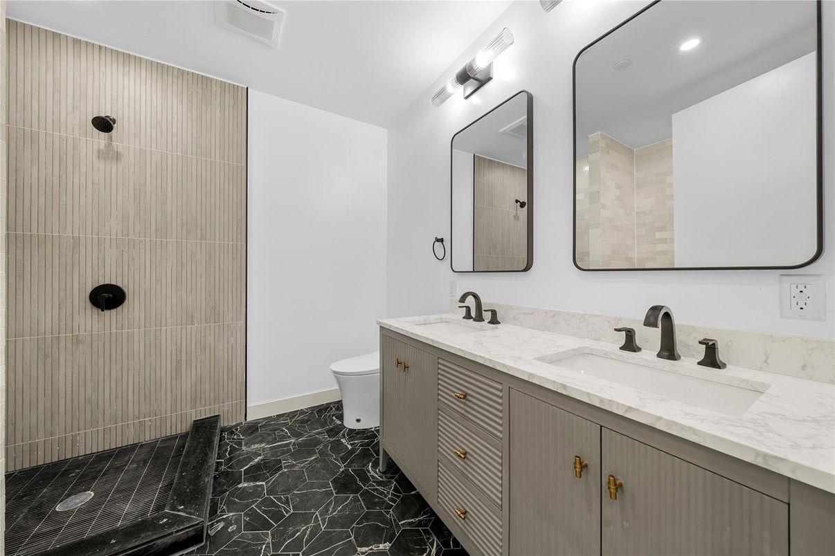 Bathroom, Dual Sink Vanities, Interior, Marble, Recessed Lighting