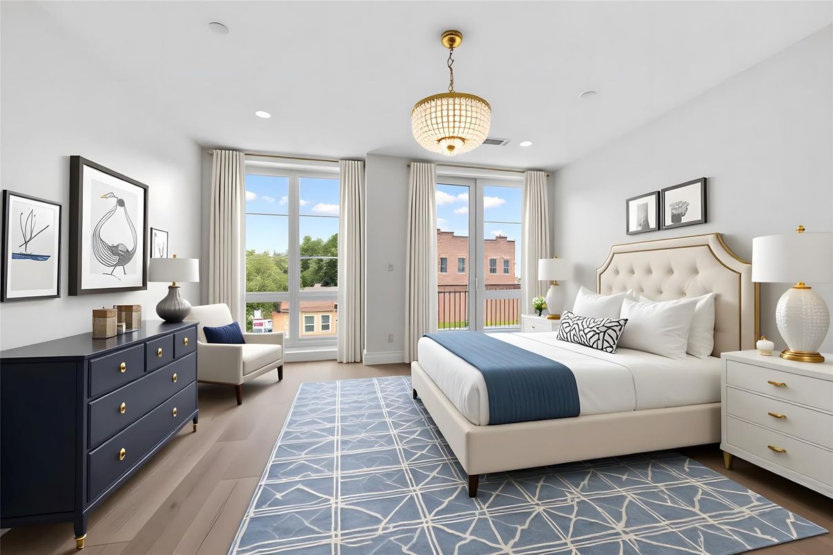 Bedroom, Interior, Pendant Lights, Recessed Lighting, Wood Texture Flooring