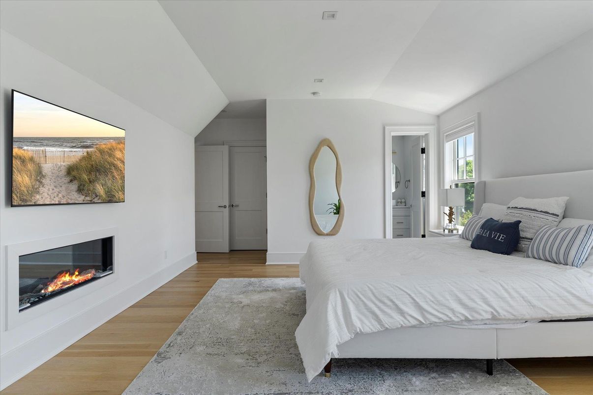 Bedroom, Fireplace, Interior, Wood Texture Flooring