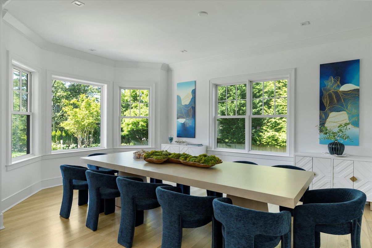 Dining room, Interior, Recessed Lighting, Wood Texture Flooring