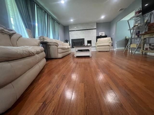 Fireplace, Interior, Living room, Recessed Lighting, Wood Texture Flooring