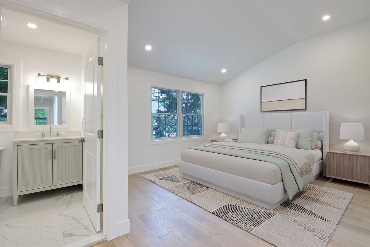 Bedroom, Interior, Marble, Recessed Lighting, Wood Texture Flooring