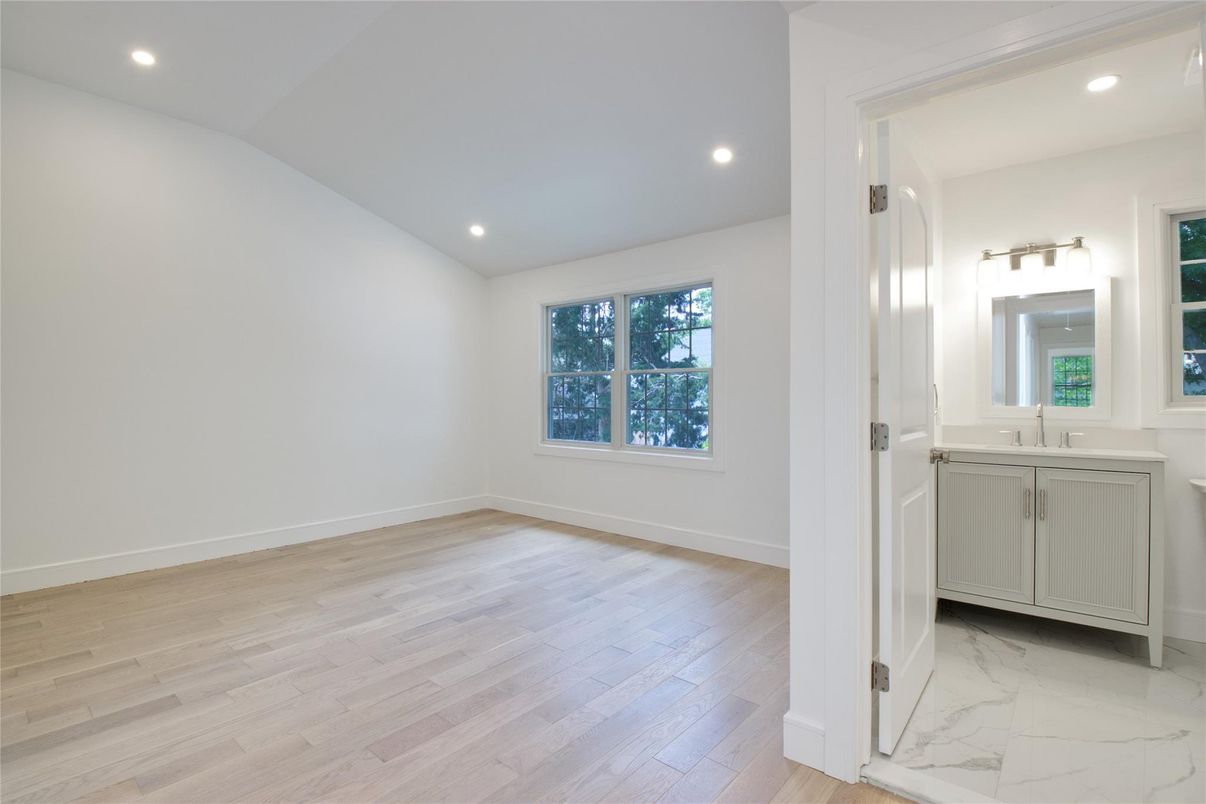 Bathroom, Empty room, Interior, Marble, Recessed Lighting, Wood Texture Flooring