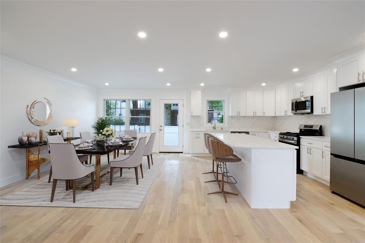 Dining room, Interior, Kitchen, Recessed Lighting, Stainless Steel Appliances, Wood Texture Flooring