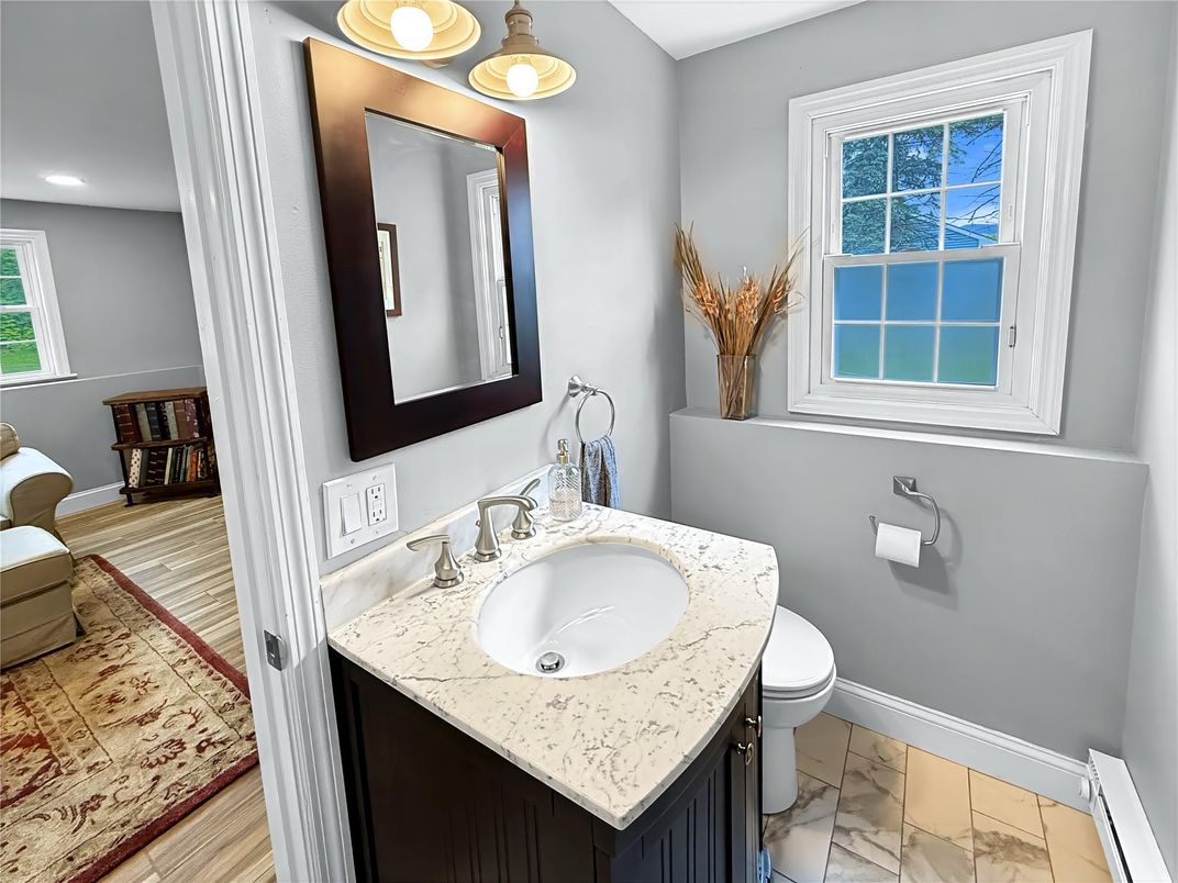 Bathroom, Interior, Marble, Recessed Lighting, Wood Texture Flooring