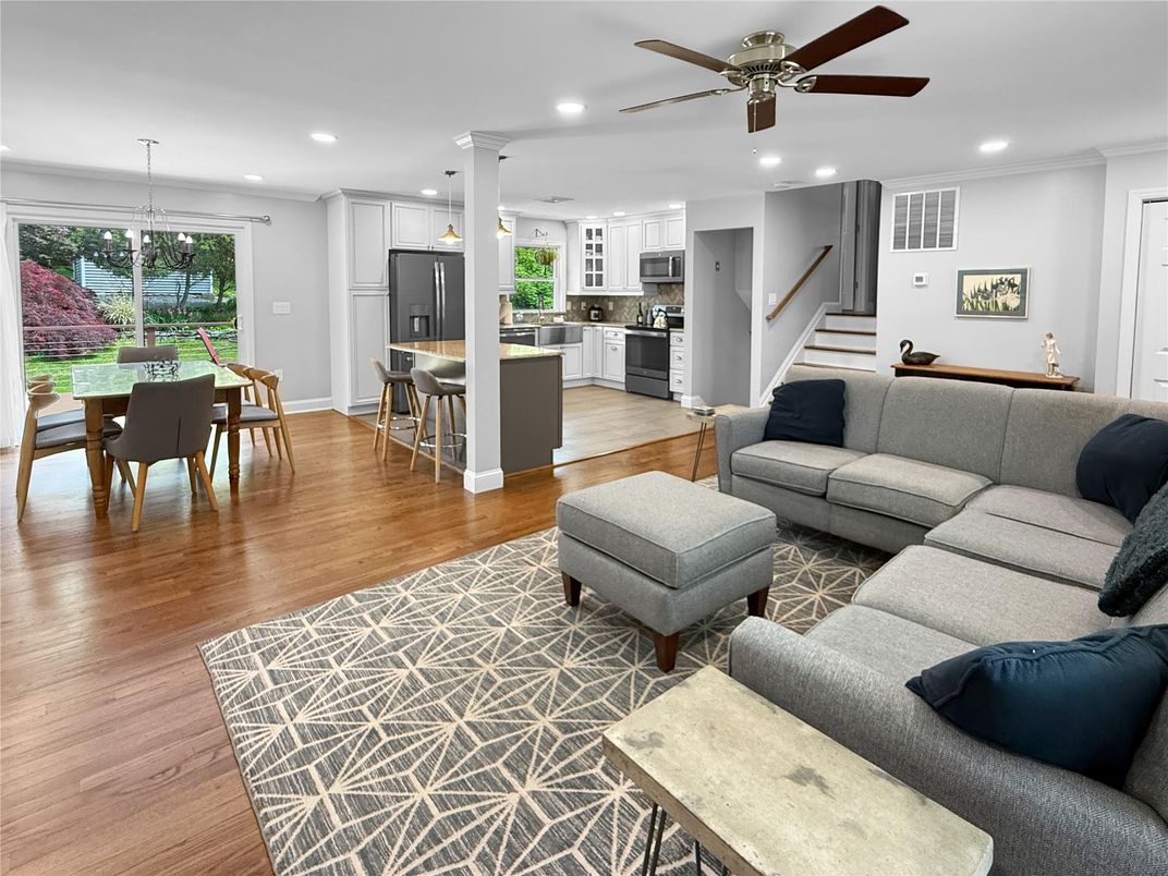 Dining room, Interior, Kitchen, Living room, Pendant Lights, Recessed Lighting, Wood Texture Flooring