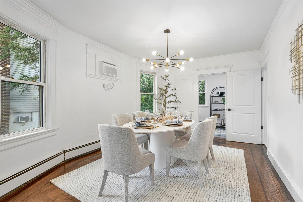 Dining room, Interior, Pendant Lights, Wood Texture Flooring