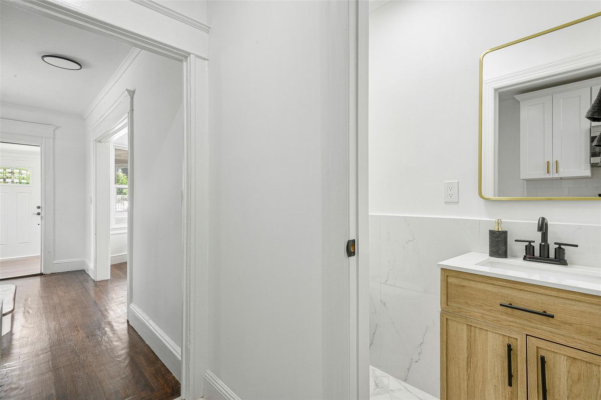 Bathroom, Interior, Marble Walls, Wood Texture Flooring