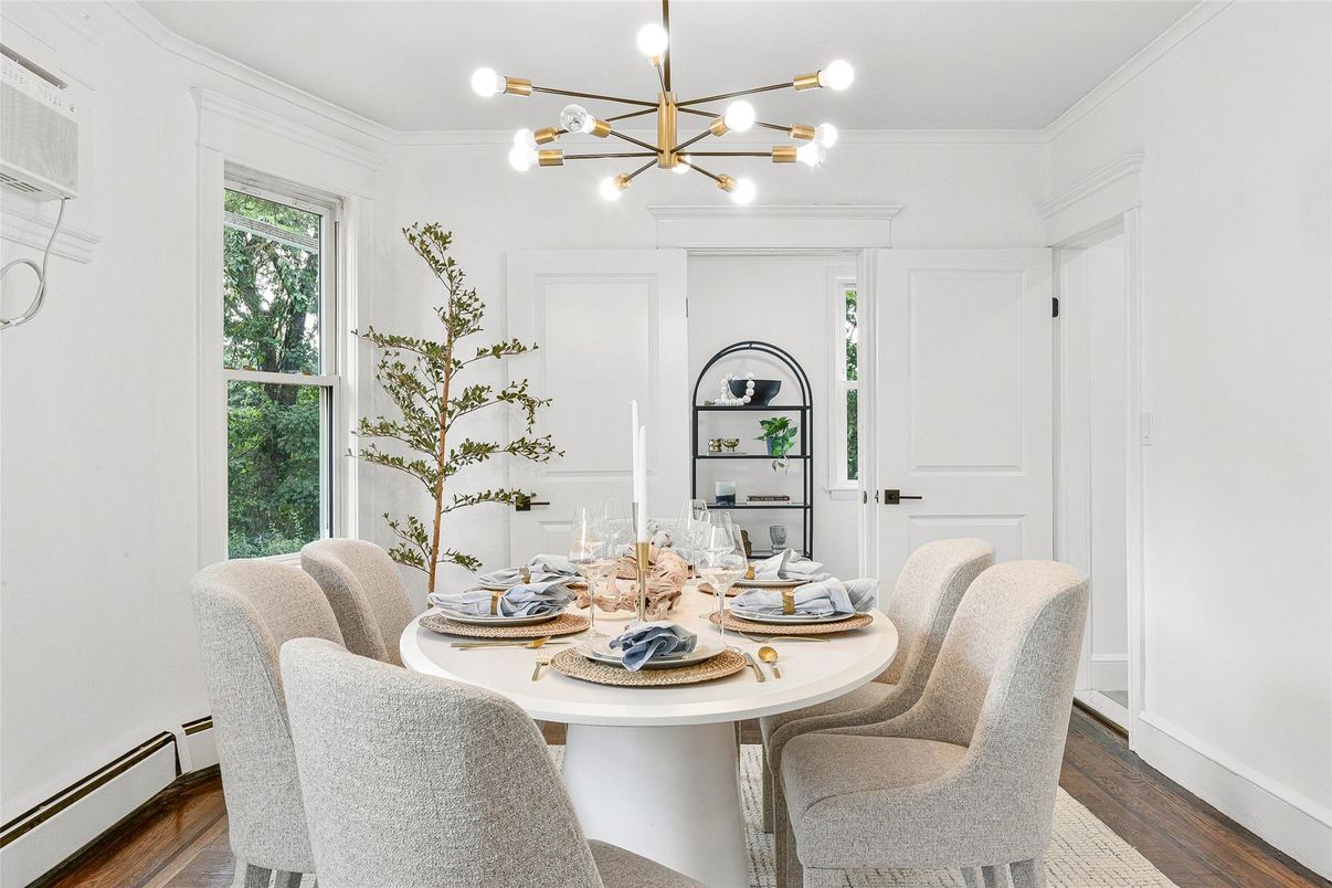Dining room, Interior, Pendant Lights, Wood Texture Flooring