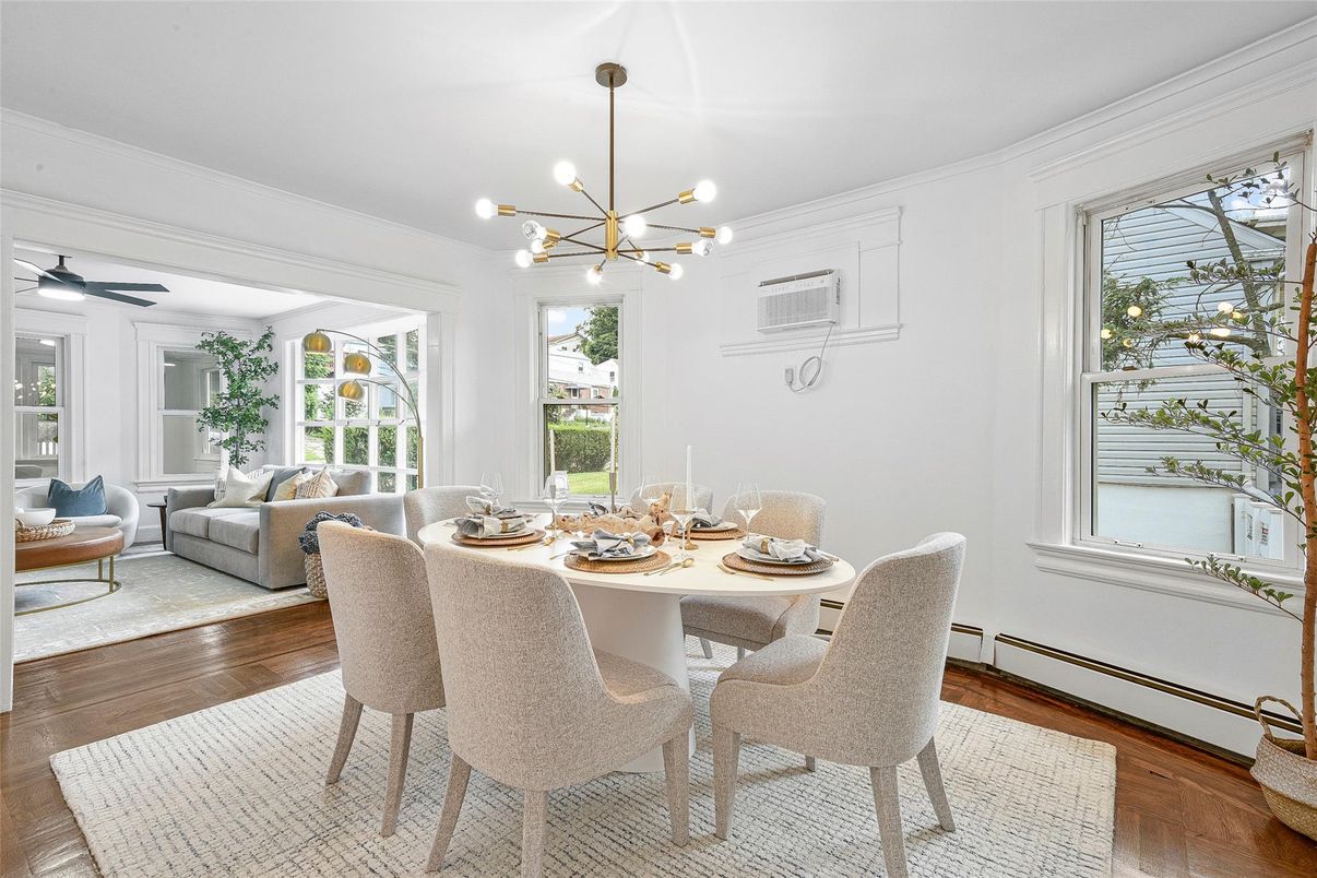 Dining room, Interior, Living room, Pendant Lights, Wood Texture Flooring