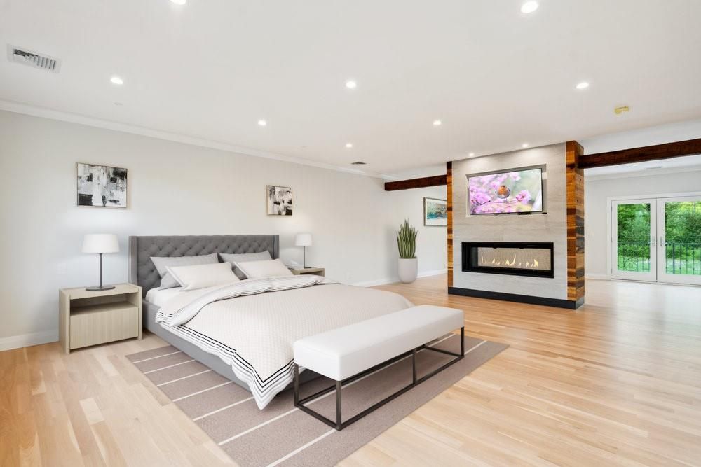 Bedroom, Fireplace, Interior, Recessed Lighting, Wood Texture Flooring