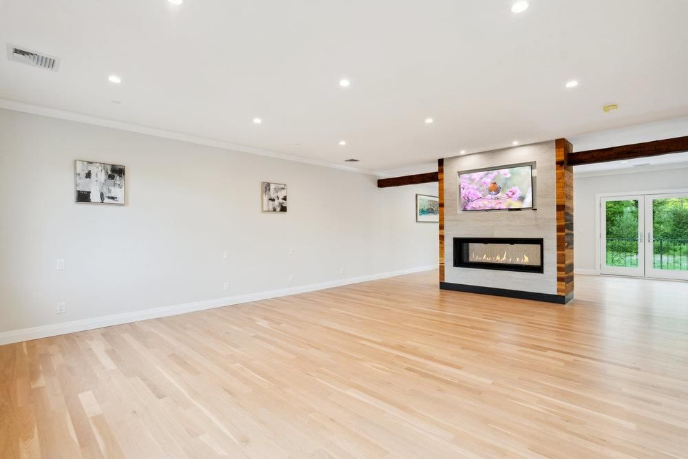 Empty room, Fireplace, Interior, Recessed Lighting, Wood Texture Flooring
