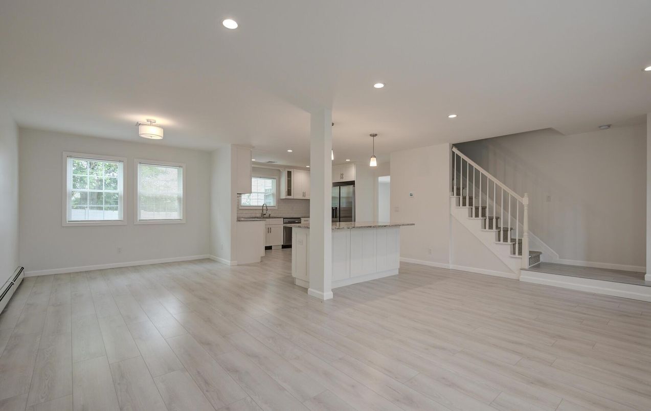 Empty room, Interior, Kitchen, Pendant Lights, Recessed Lighting, Wood Texture Flooring