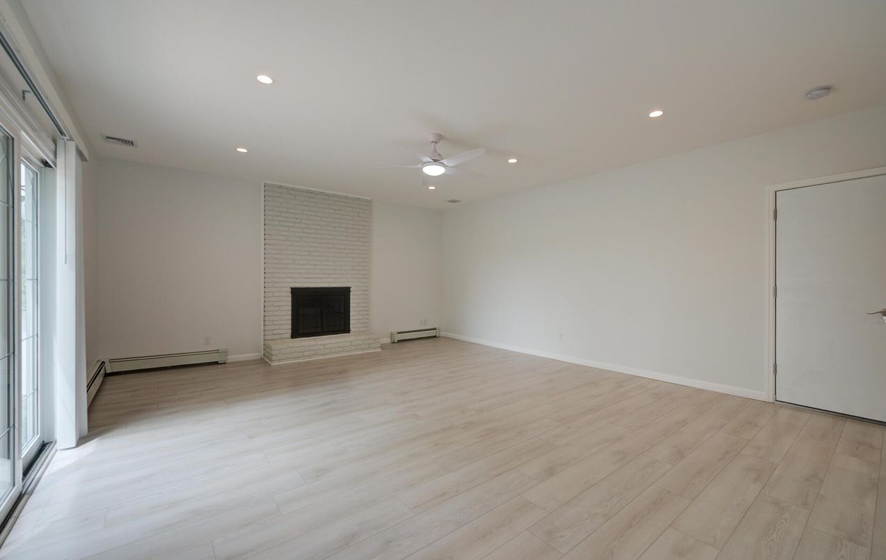 Empty room, Fireplace, Interior, Recessed Lighting, Wood Texture Flooring