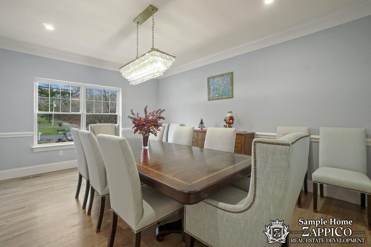 Chandelier, Dining room, Interior, Recessed Lighting, Wood Texture Flooring