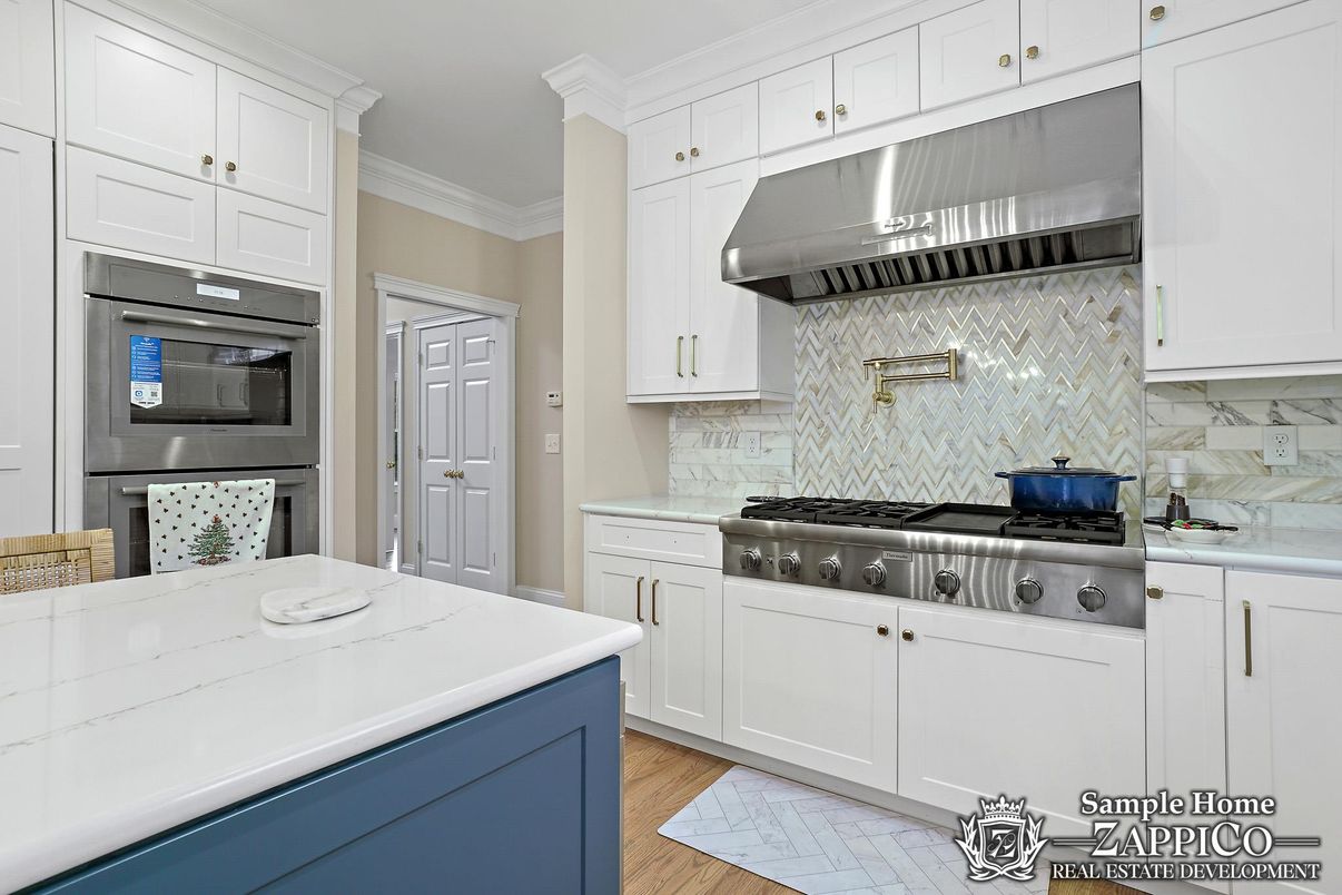 Interior, Kitchen, Marble Walls, Stainless Steel Appliances, Wood Texture Flooring