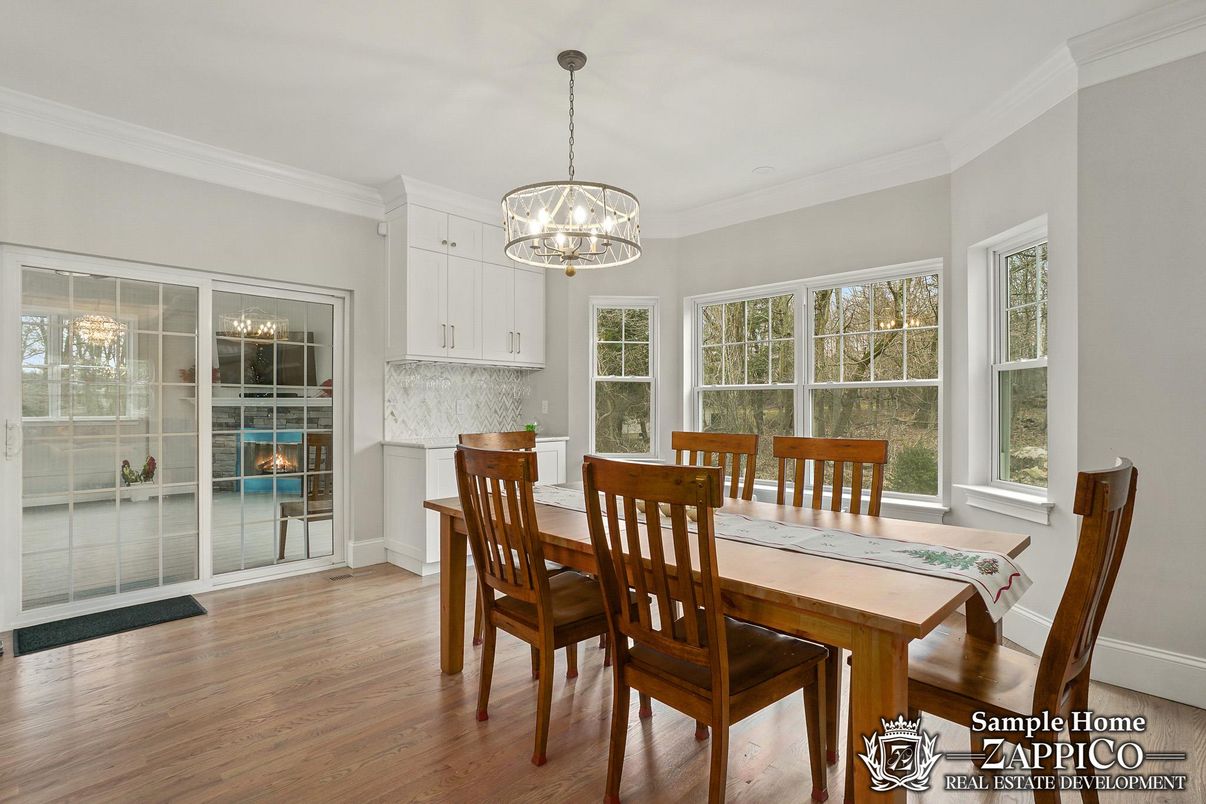 Dining room, Interior, Pendant Lights, Wood Texture Flooring