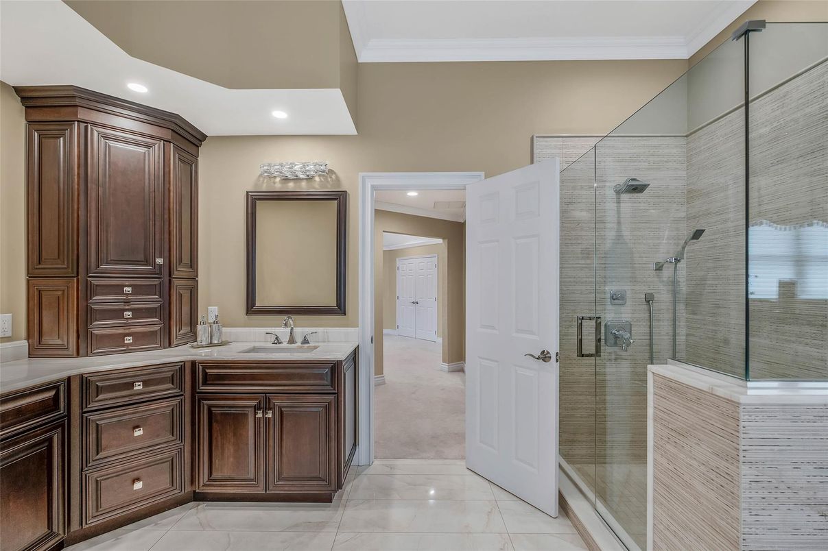 Bathroom, Dual Sink Vanities, Glass Shower, Interior, Marble, Recessed Lighting