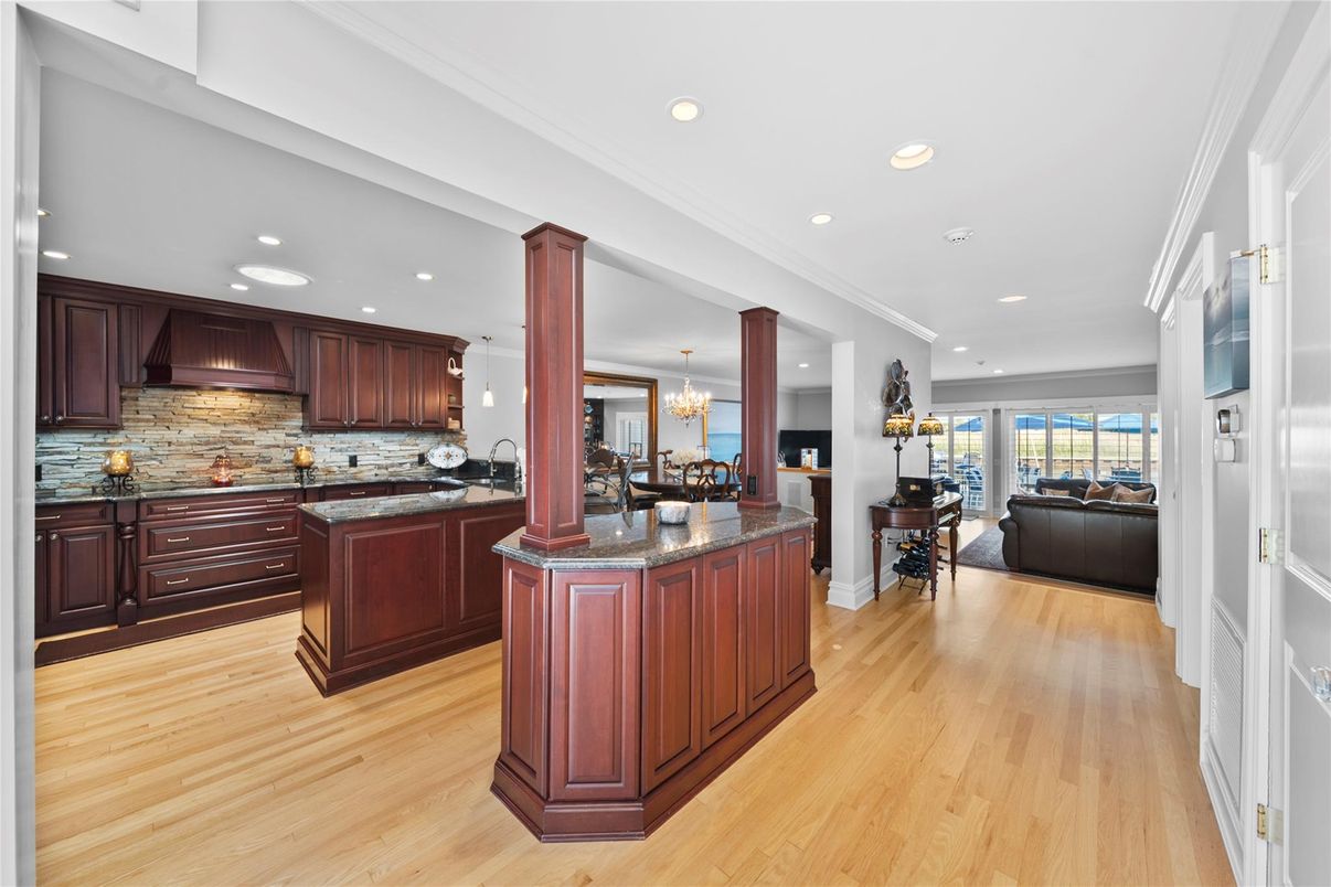 Chandelier, Interior, Kitchen, Recessed Lighting, Wood Texture Flooring