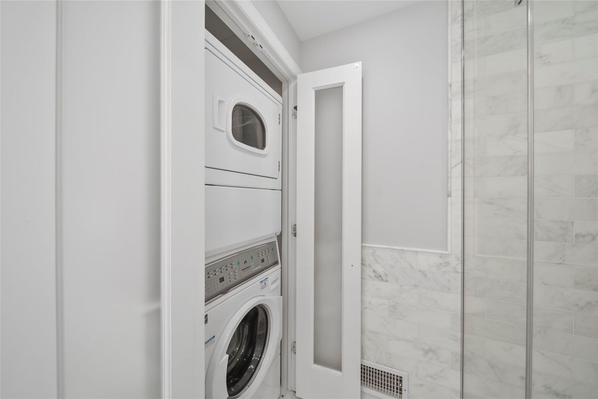 Bathroom, Glass Shower, Interior, Marble Walls, Utility Closets, Washer