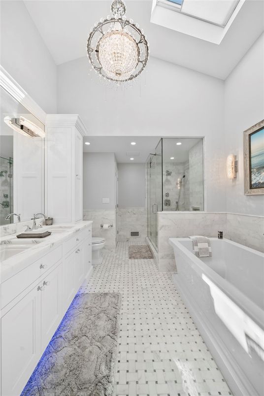 Bathroom, Chandelier, Dual Sink Vanities, Glass Shower, Interior, Recessed Lighting