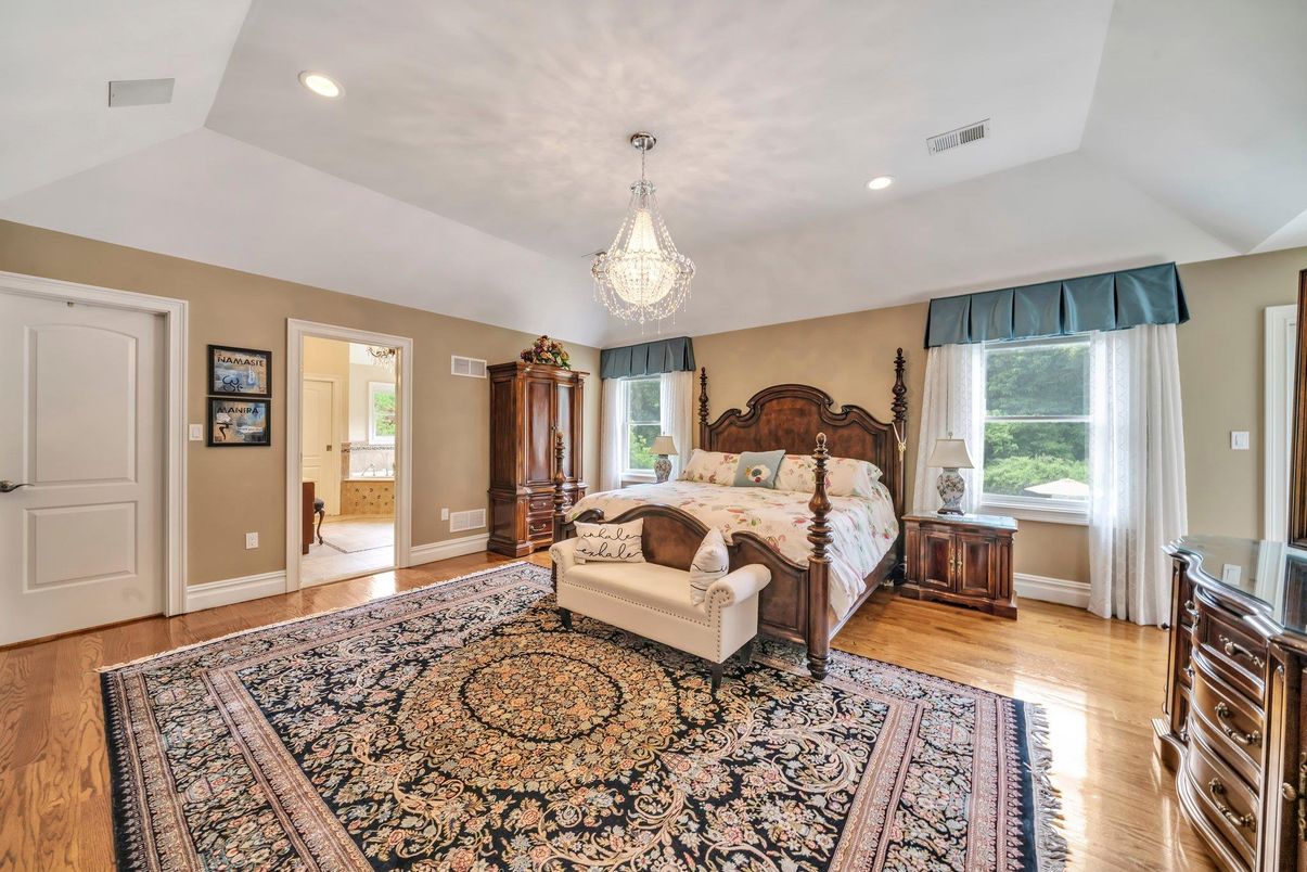 Bedroom, Chandelier, Interior, Recessed Lighting, Wood Texture Flooring