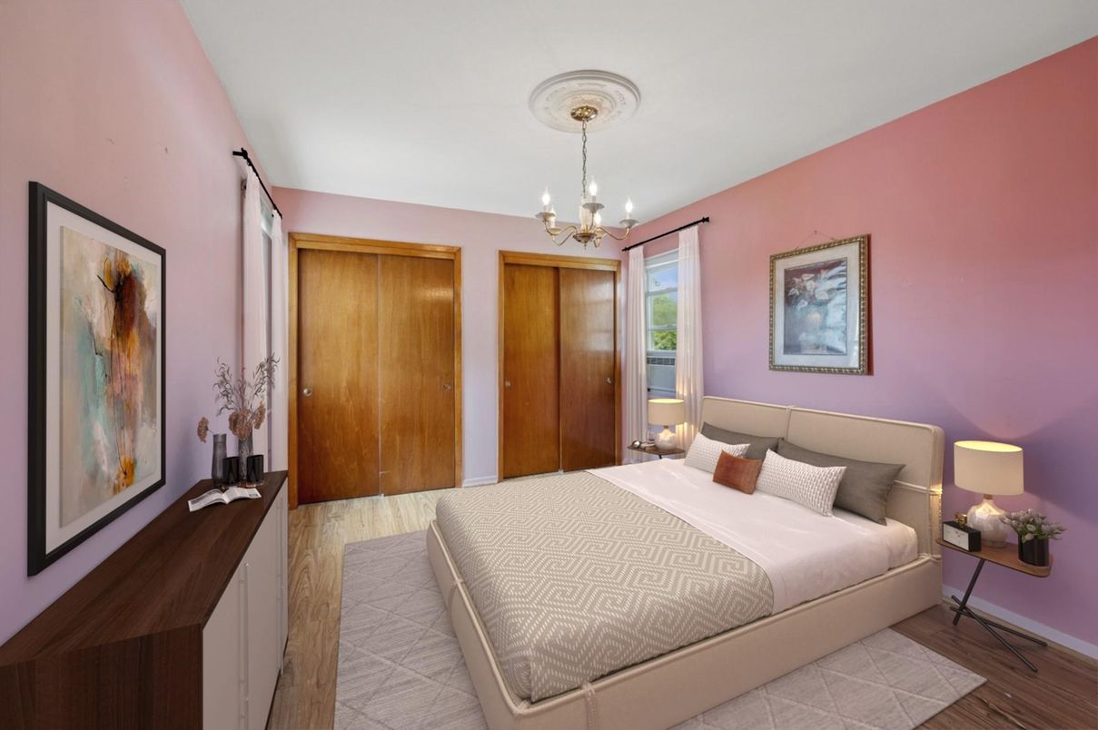 Bedroom, Chandelier, Interior, Wood Texture Flooring