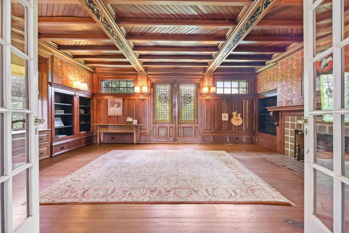 Empty room, Fireplace, Interior, Pendant Lights, Wooden Beams, Wooden Ceilings, Wood Texture Flooring, Wooden Walls