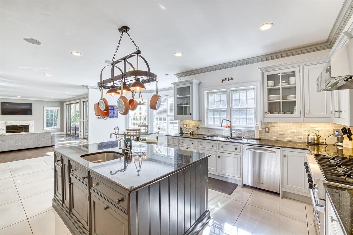 Fireplace, Interior, Kitchen, Pendant Lights, Recessed Lighting, Stainless Steel Appliances