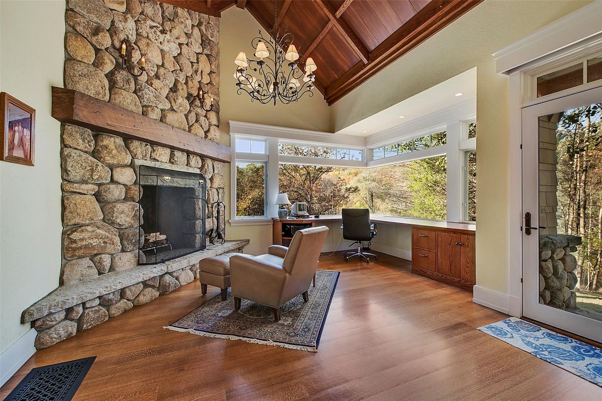 Chandelier, Fireplace, Home Office, Interior, Recessed Lighting, Stone Walls, Wooden Beams, Wooden Ceilings, Wood Texture Flooring