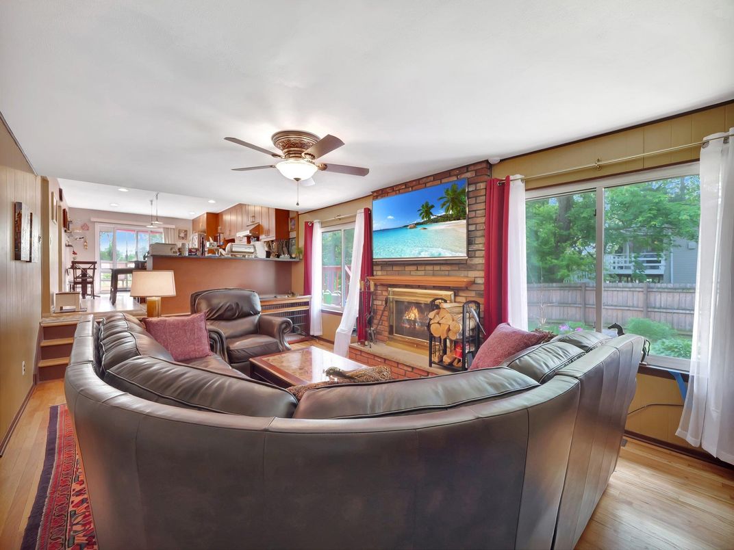 Fireplace, Interior, Living room, Pendant Lights, Stone Walls, Wood Texture Flooring
