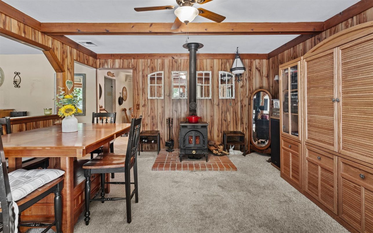 Dining room, Fireplace, Interior, Wooden Beams, Wooden Walls