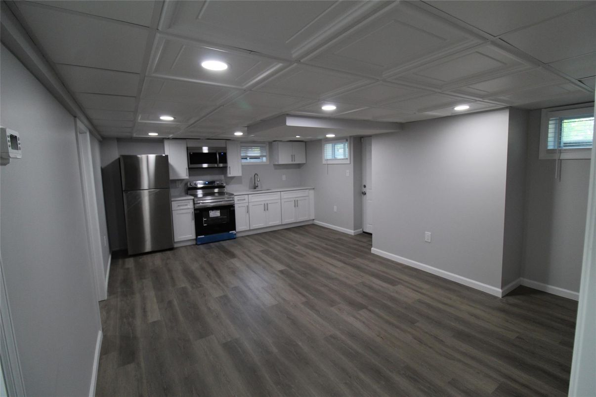 Interior, Kitchen, Recessed Lighting, Stainless Steel Appliances, Wood Texture Flooring
