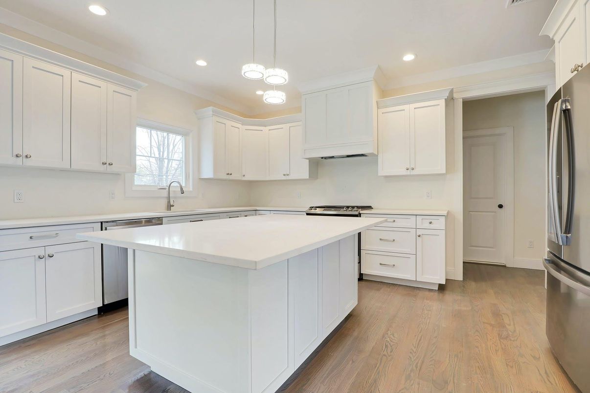 Interior, Kitchen, Pendant Lights, Recessed Lighting, Stainless Steel Appliances, Wood Texture Flooring