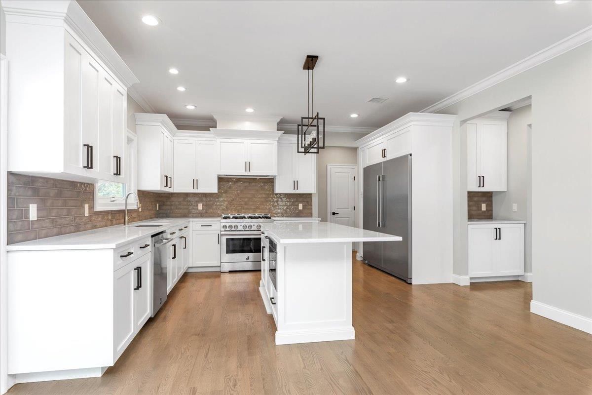 Interior, Kitchen, Pendant Lights, Recessed Lighting, Stainless Steel Appliances, Wood Texture Flooring