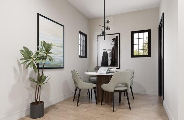 Dining room, Interior, Pendant Lights, Wood Texture Flooring