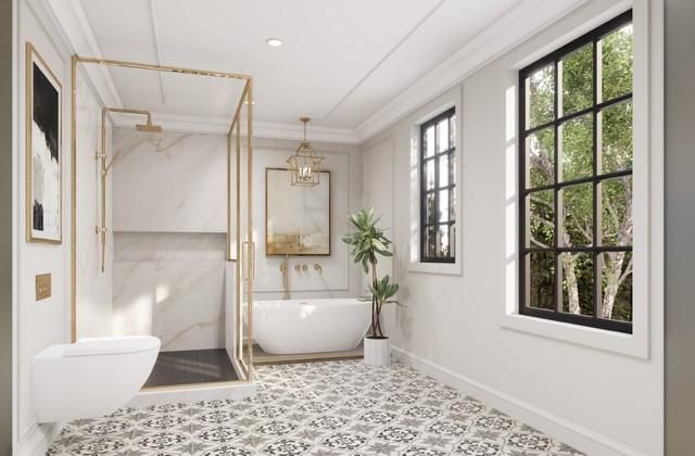 Bathroom, Chandelier, Free Standing Baths, Interior, Marble Walls, Recessed Lighting