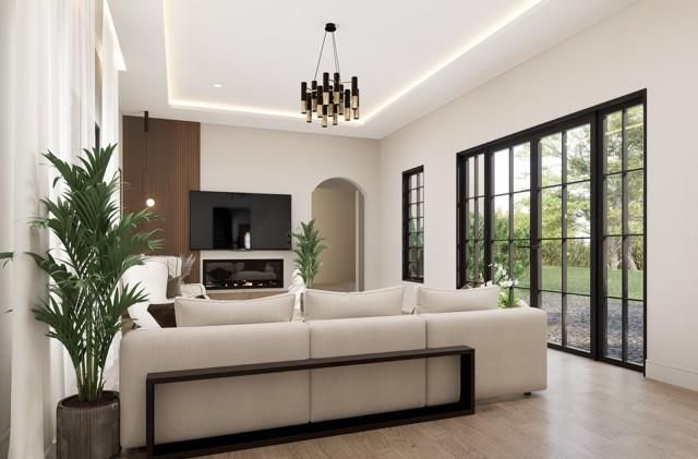 Fireplace, Interior, Living room, Pendant Lights, Recessed Lighting, Wood Texture Flooring