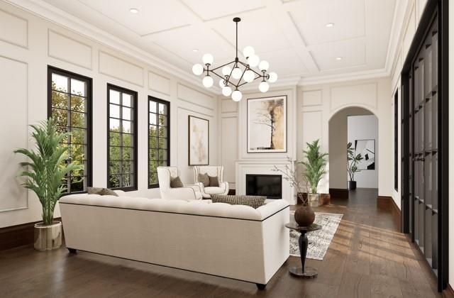 Fireplace, Interior, Living room, Pendant Lights, Recessed Lighting, Wood Texture Flooring
