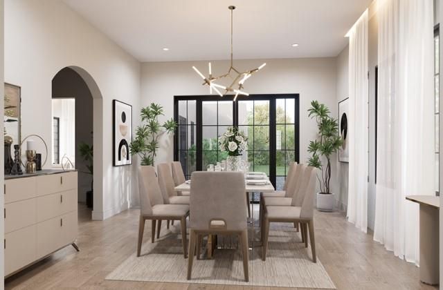 Dining room, Interior, Pendant Lights, Recessed Lighting, Wood Texture Flooring