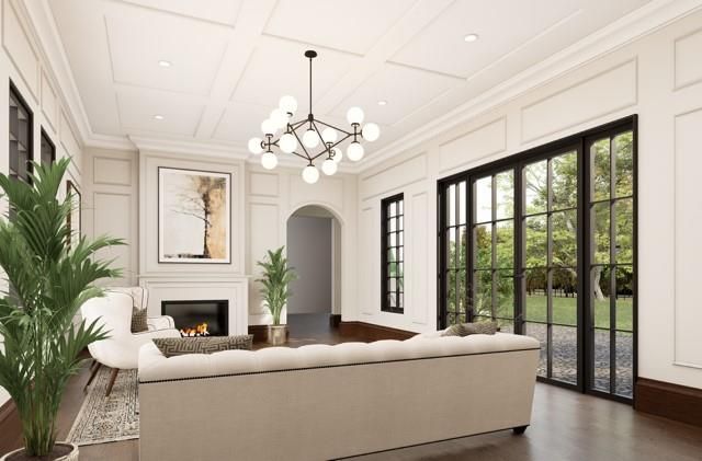 Fireplace, Interior, Living room, Pendant Lights, Recessed Lighting, Wood Texture Flooring