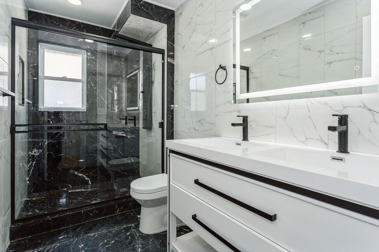 Bathroom, Glass Shower, Interior, Marble, Marble Walls, Recessed Lighting