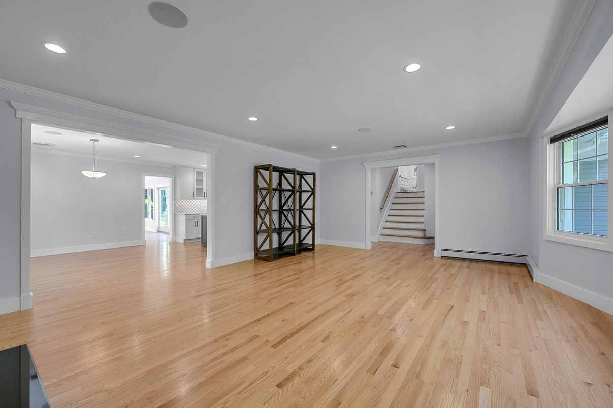 Empty room, Interior, Pendant Lights, Recessed Lighting, Wood Texture Flooring