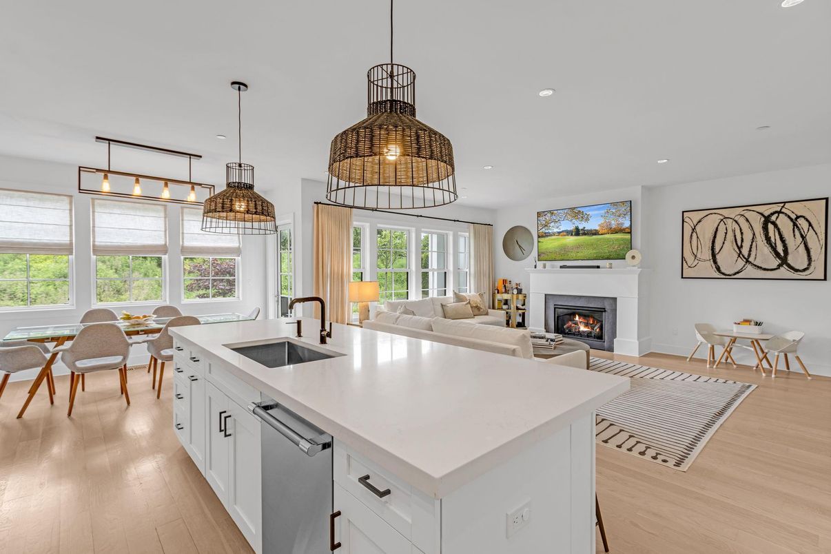 Dining room, Fireplace, Interior, Kitchen, Living room, Pendant Lights, Recessed Lighting, Wood Texture Flooring