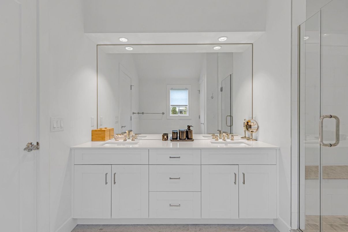 Bathroom, Dual Sink Vanities, Glass Shower, Interior, Recessed Lighting
