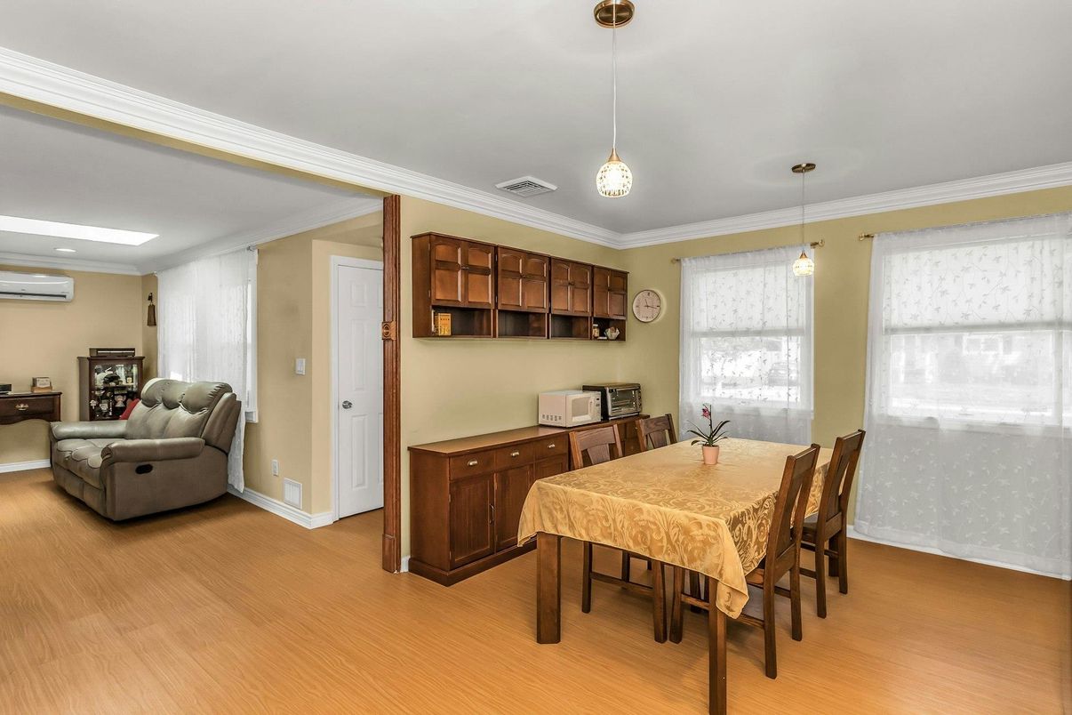 Dining room, Interior, Pendant Lights, Wood Texture Flooring